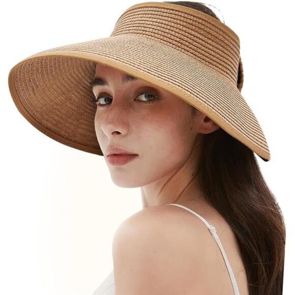 Women's Sun Visor Hats Wide Brim Straw Beach Hat Ponytail Hats for Women - Picture 7 of 7